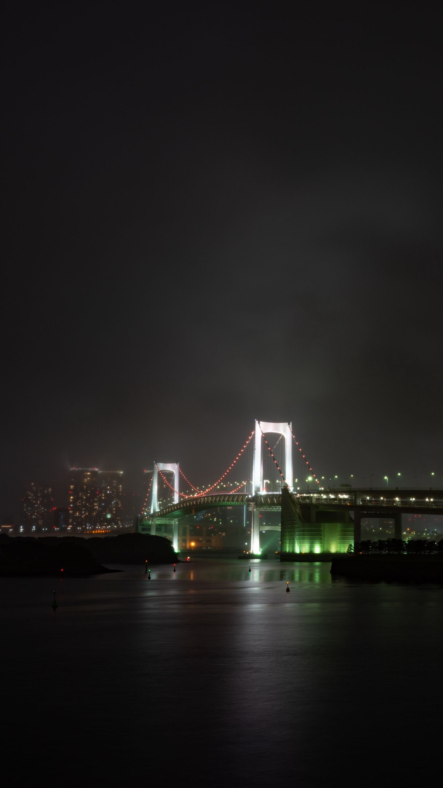 Обои мост, река, подсветка, ночной город, туман на телефон скачать бесплатно