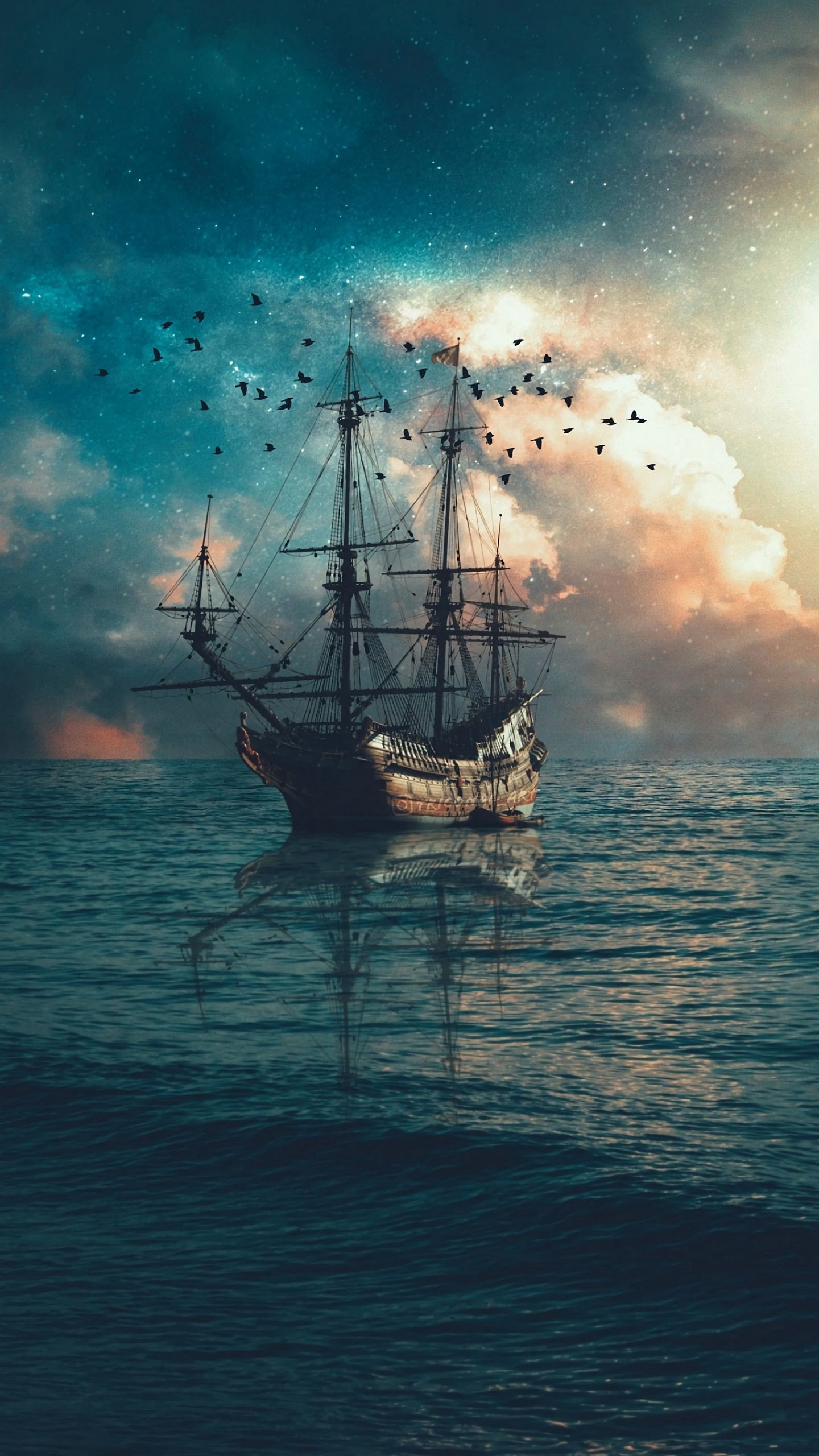 Обои корабль, море, волны, птицы, сумерки на телефон скачать бесплатно