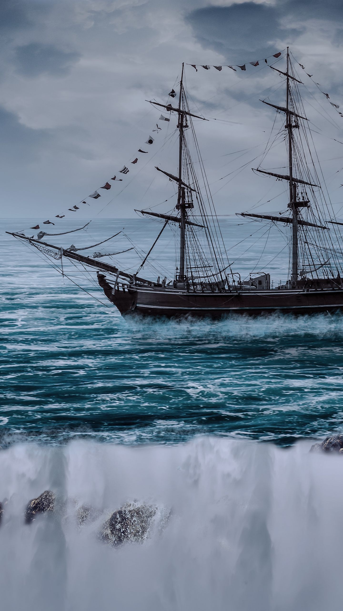 Обои парусная лодка, судно, море, обрыв, волны, фотошоп на телефон скачать бесплатно