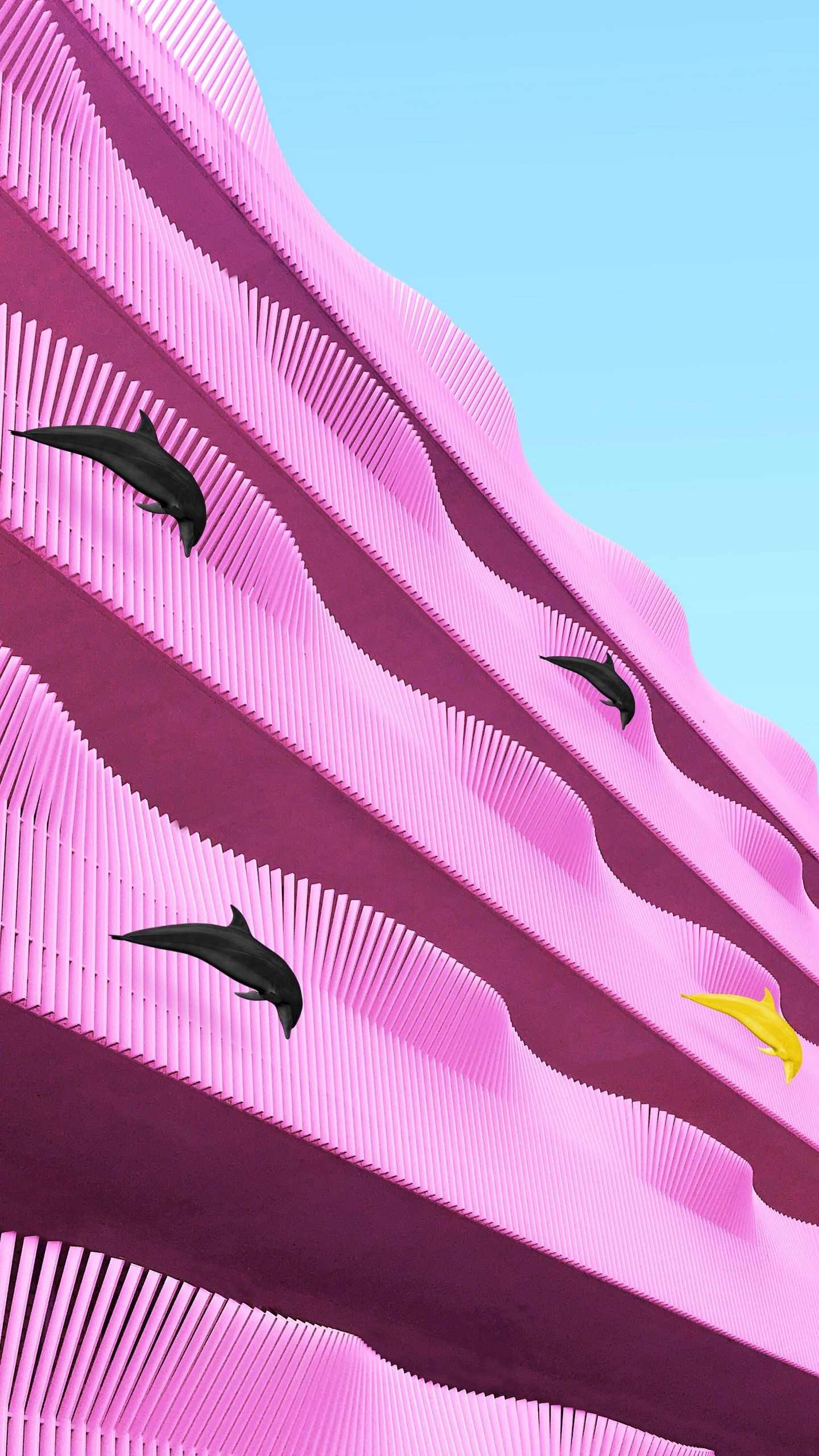 Обои здание, фасад, дельфины, розовый, волнистый, архитектура на телефон скачать бесплатно